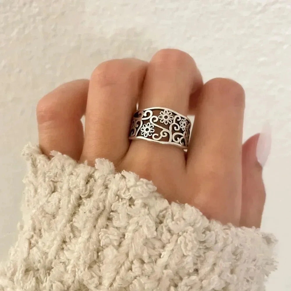 925 Sterling Silver Flower Ring Flower Cutout Ring Vintage Floral Ring Resizable